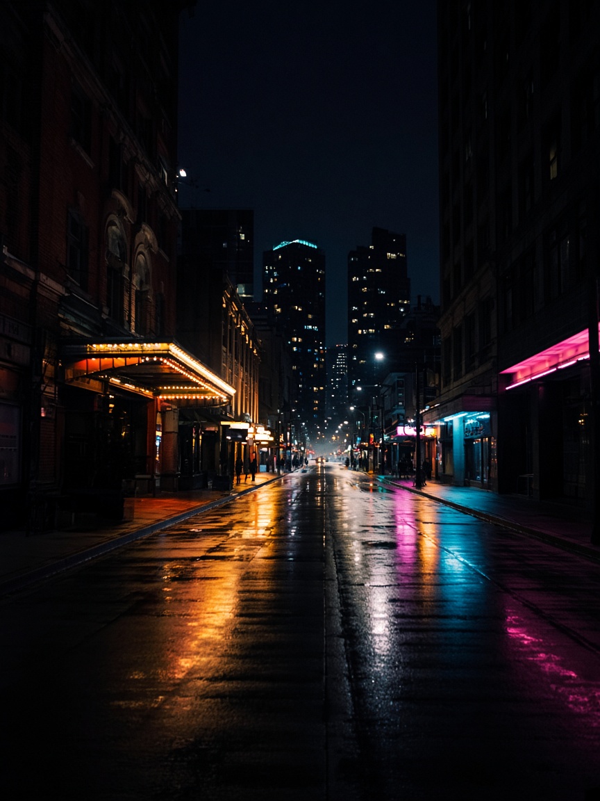 Granville Street at night, wet pavement and downtown towers.